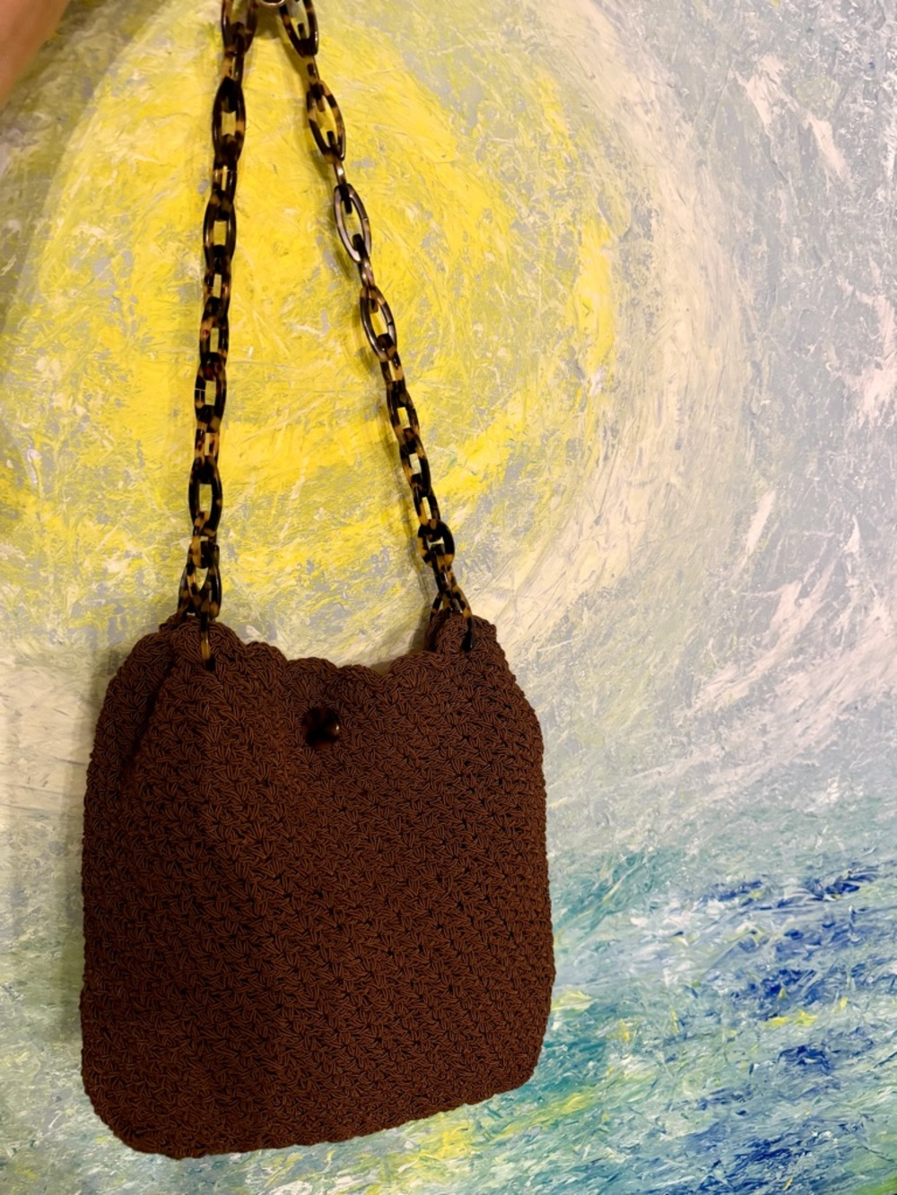 Gun-Marie Nilson Hand Crocheted Brown Shoulder with Tortoiseshell Chain Strap